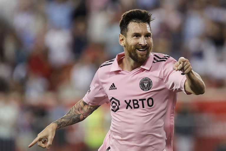 Inter Miami forward Lionel Messi celebrates after his goal against the New York Red Bulls during an MLS soccer match at Red Bull Arena, Saturday, Aug. 26, 2023, in Harrison, N.J. (AP Photo/Eduardo Munoz Alvarez)