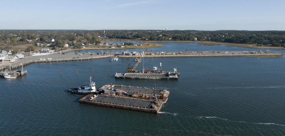 Dredging a section of Wellfleet Harbor known as the south mooring field can begin Oct. 1 following approval July 18 by the Select Board of a plan to concurrently rehabilitate shellfish growth on 28 acres of Blackfish Creek. In this 2021 photo, south of the town pier, dredging is underway in other areas of the harbor.