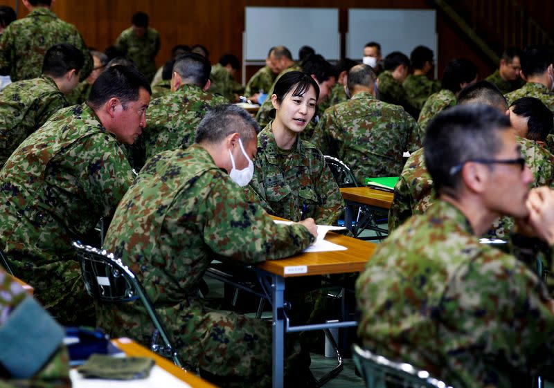 Japan Ground Self-Defence Force (JGSDF) soldiers participate in a seminar to prevent harassment at JGSDF Camp Asaka, in Tokyo