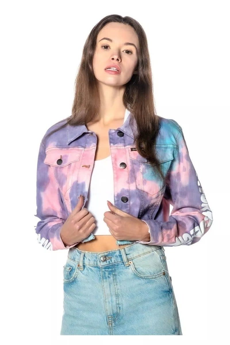 Model in a tie-dye denim jacket