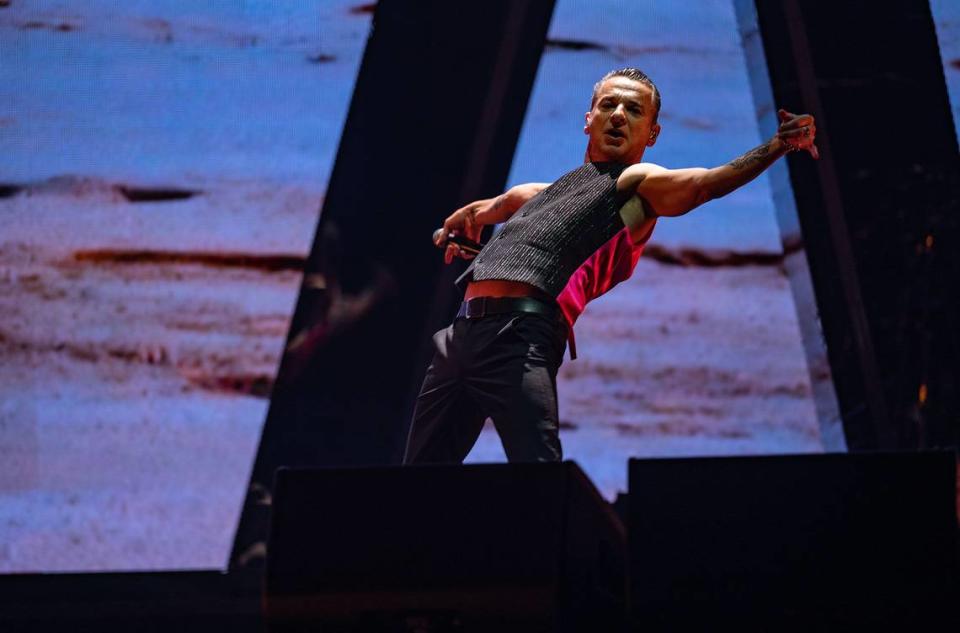 Depeche Mode vocalist Dave Gahan dances during the sold-out concert at Golden 1 Center on Thursday, March 23, 2023, the first show of the band’s “Memento Mori” world tour.