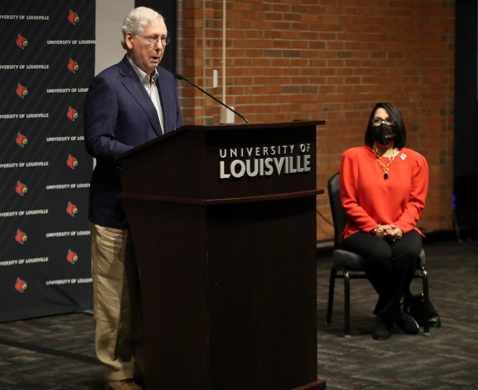 Senator Mitch McConnell speaks at a press conference after touring the Regional Biocontainment Lab - Center for Predictive Medicine at the University of Louisville on Monday, May 3, 2021.  UofL President Neeli Bendapudi is at right.