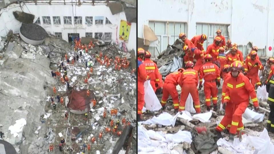 中國黑龍江齊齊哈爾第三十四中學的體育館坍塌，現場救援畫面。（AFP）