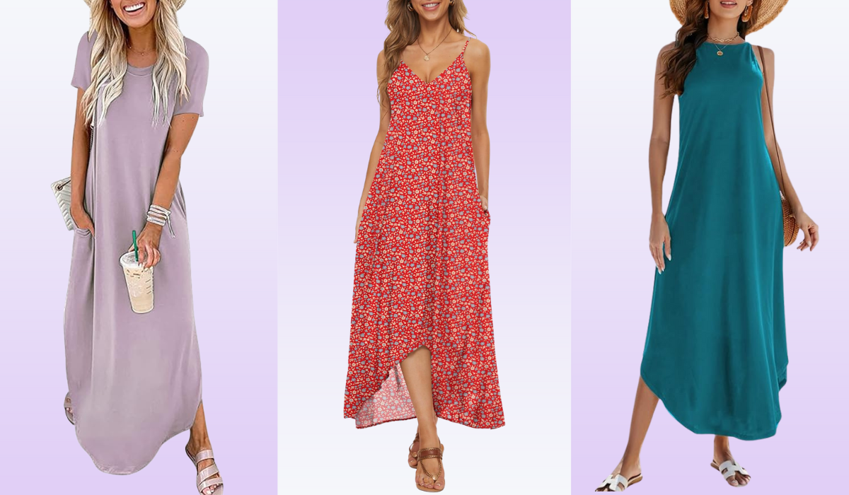 women wearing lilac t-shirt maxi dress, red floral print spaghetti strap maxi dress, and teal sleeveless maxi dress