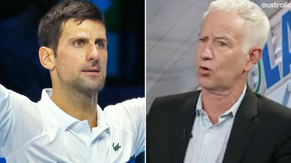 Novak Djokovic has found a defender in John McEnroe, who praised the world No.1 despite him being deported for not being vaccinated against Covid-19. Pictures: Getty Images/ESPN