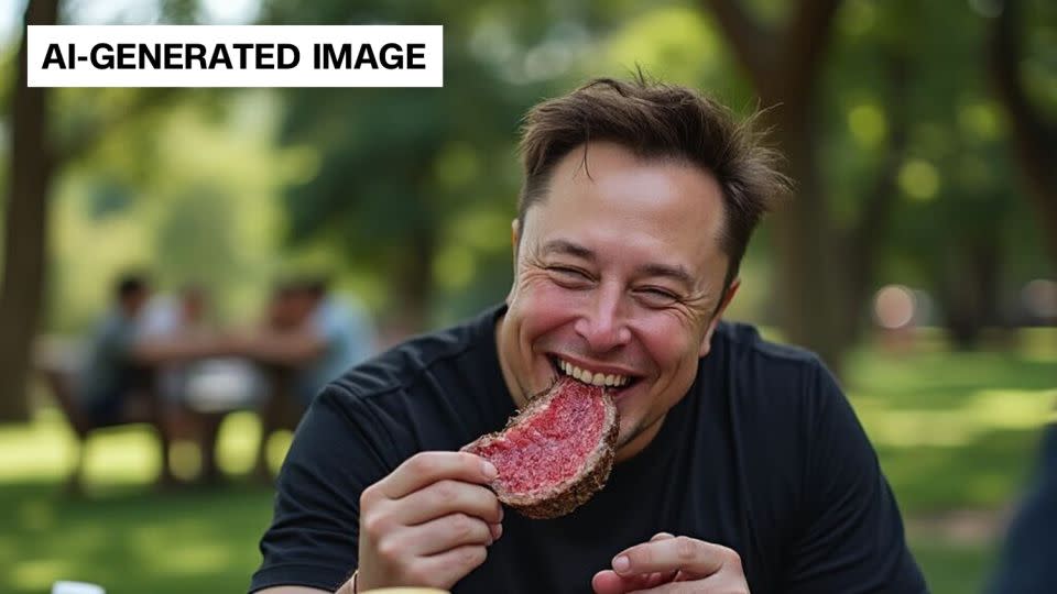 Elon Musk’s Grok created this AI image in response to the prompt: “Generate an image of Elon Musk eating a steak in a park and having a wonderful time.” - Grok