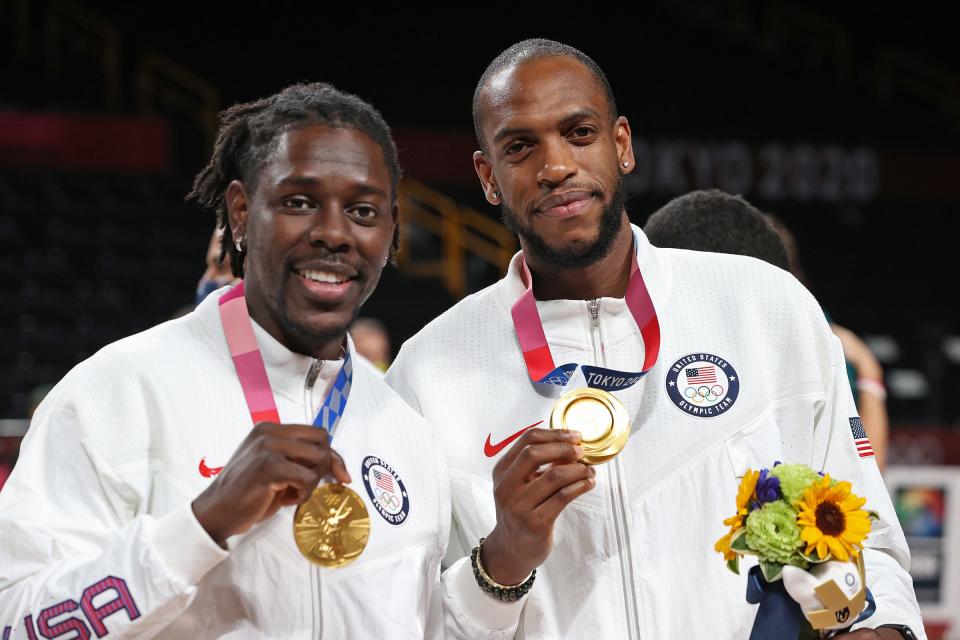 Jrue Holiday and teammate Khris Middleton won an Olympic gold medal as a member of Team USA last summer in Tokyo.