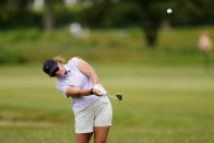 Lauren Coughlin hits on the fourth fairway during the second round of the ShopRite LPGA Classic golf tournament, Saturday, June 11, 2022, in Galloway, N.J. (AP Photo/Matt Rourke)