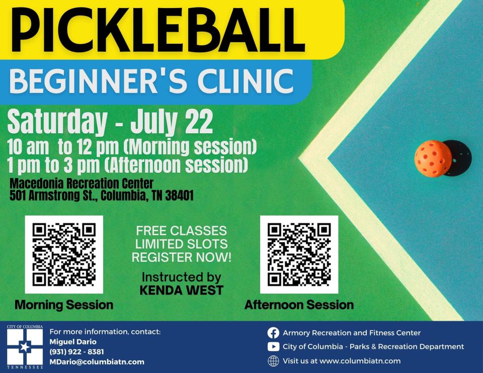 Columbia Parks & Recreation will host a Beginner's Pickleball Clinic at Macedonia Recreation Center this Saturday, with two sessions starting at 10 a.m. and 1 p.m.