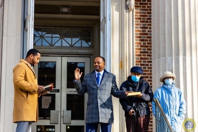 Plainfield Police Director James T. Abney, middle, is sworn by Plainfield City Clerk Abubakar Jalloh. Also in attendance were Abney’s parents, James and Bernice Abney.