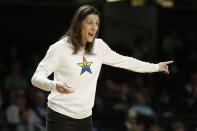 Vanderbilt head coach Stephanie White yells to her players in the first half of an NCAA college basketball game against South Carolina, Sunday, Jan. 12, 2020, in Nashville, Tenn. (AP Photo/Mark Humphrey)