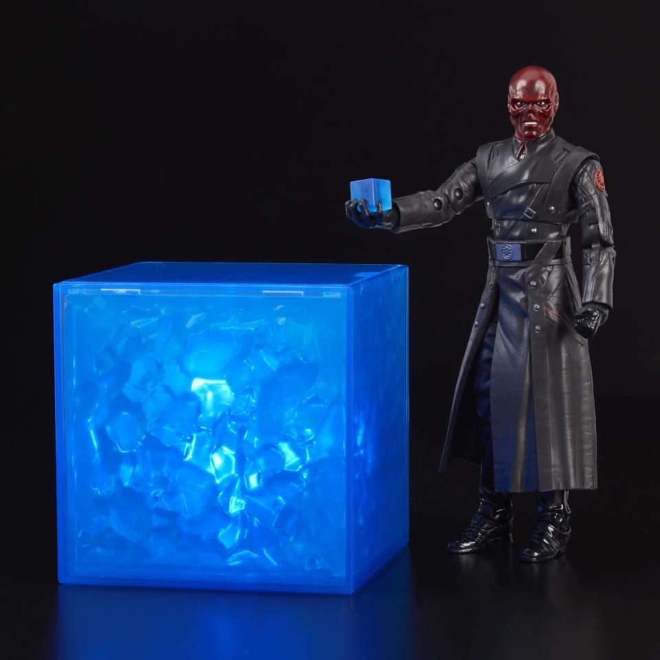 You and Red Skull can have matching Cosmic Cubes. The life-size version of the Tesseract features light effects and a hidden battery compartment, and the “Marvel Legends” figure features detailed sculpting and full articulation. (Photo: Hasbro)