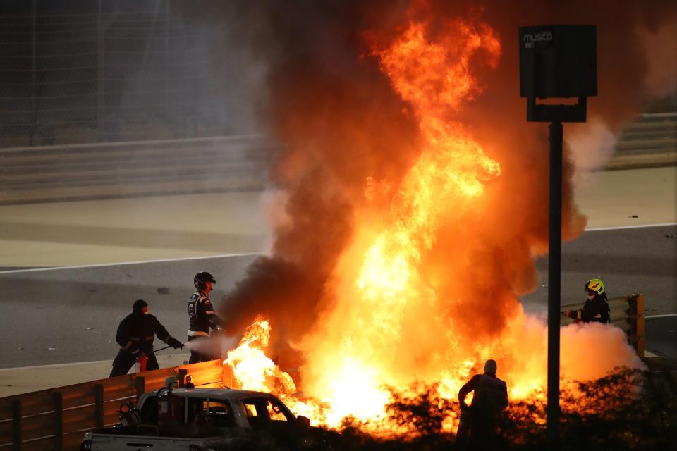 <p>Grosjean was trapped for 28 seconds in the burning Haas car</p>AFP via Getty