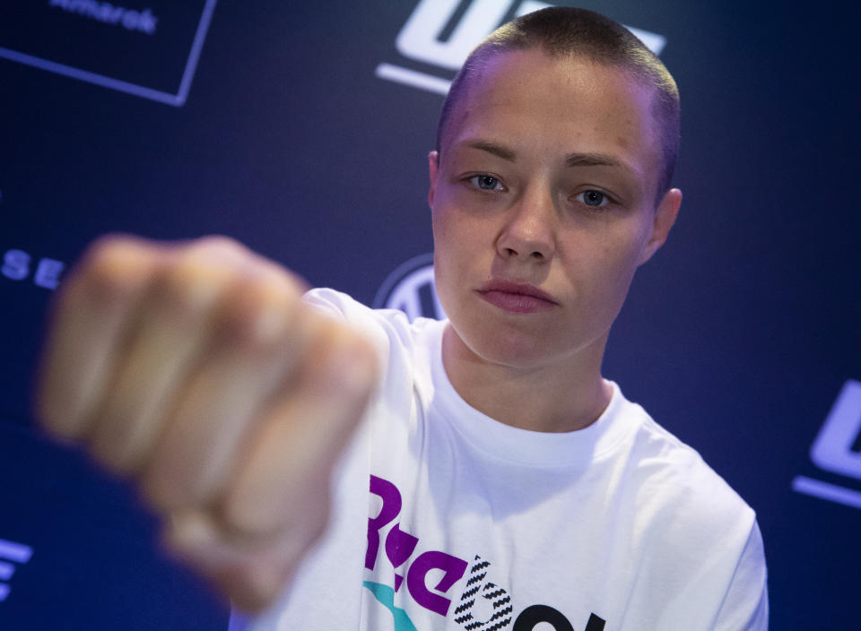 RIO DE JANEIRO, BRAZIL - MAY 09: UFC women's strawweight champion Rose Namajunas of the United States poses for photographers during Ultimate Media Day on May 09, 2019 in Rio de Janeiro, Brazil. (Photo by Buda Mendes/Zuffa LLC/Zuffa LLC via Getty Images)