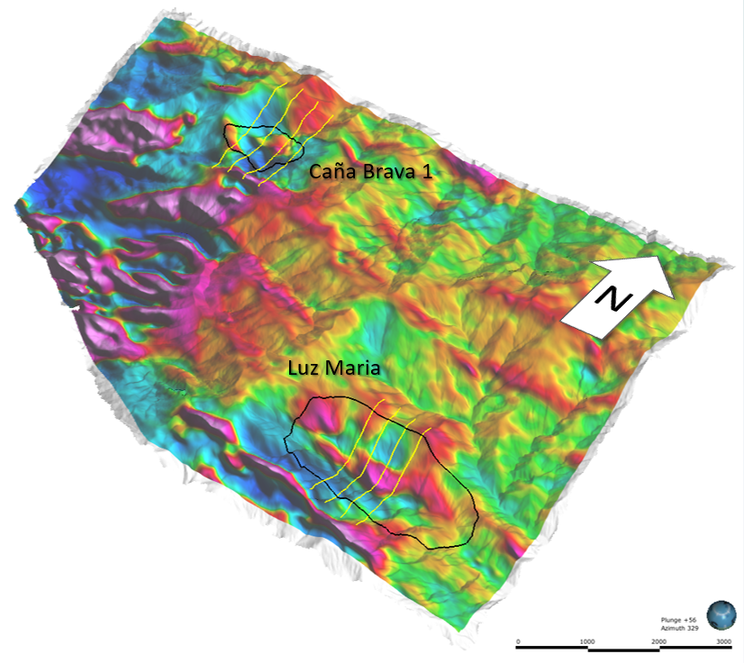 Caña Brava Project: RTP magnetic anomaly map, wrapped on topography, showing the location of the exploration lines across the alteration footprints over Caña Brava 1 and Luz Maria