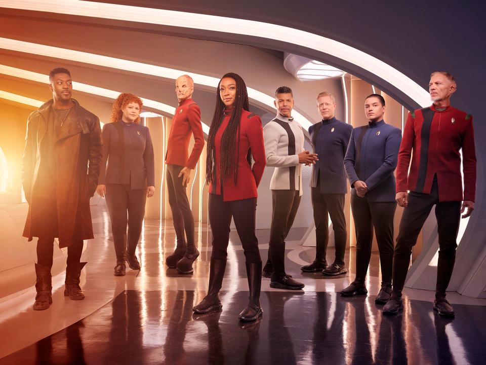 The final season of "Star Trek: Discovery" (Paramount+) cast, from left: David Ajala as Book, Mary Wiseman as Tilly, Doug Jones as Saru, Sonequa Martin-Green as Michael Burnham, Wilson Cruz as Culber, Blu Del Barrio as Adira Tal and Callum Keith Rennie as Raynor.