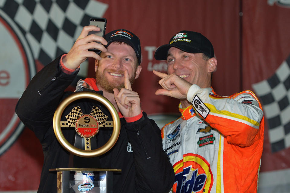 Harvick (R) drove for JR Motorsports in NASCAR’s lower series before Stewart-Haas Racing moved to Ford. (Getty)