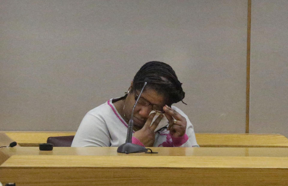 Stacey Jackson, mother of Jerry Brown, cries as she testifies during the penalty phase of the intoxication manslaughter trial of former Dallas Cowboys Josh Brent in Dallas, Thursday, Jan. 23, 2014. Brent was found guilty on Wednesday, of intoxication manslaughter and faces probation to 20 years for a fiery wreck that killed his teammate and close friend Jerry Brown. (AP Photo/LM Otero)