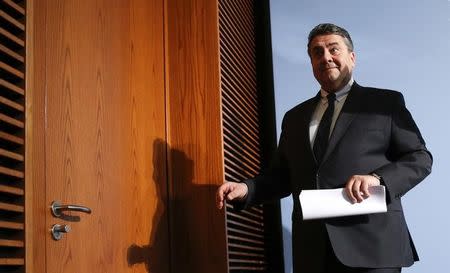 German Economy Minister Sigmar Gabriel leaves after a news conference in Berlin, Germany, January 12, 2016. REUTERS/Fabrizio Bensch