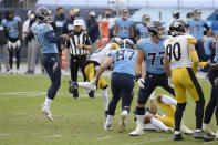 Tennessee Titans kicker Stephen Gostkowski (3) watches as his 45-yard field goal attempt against the Pittsburgh Steelers sails wide in the final seconds of the fourth quarter of an NFL football game Sunday, Oct. 25, 2020, in Nashville, Tenn. The Steelers won 27-24. (AP Photo/Mark Zaleski)