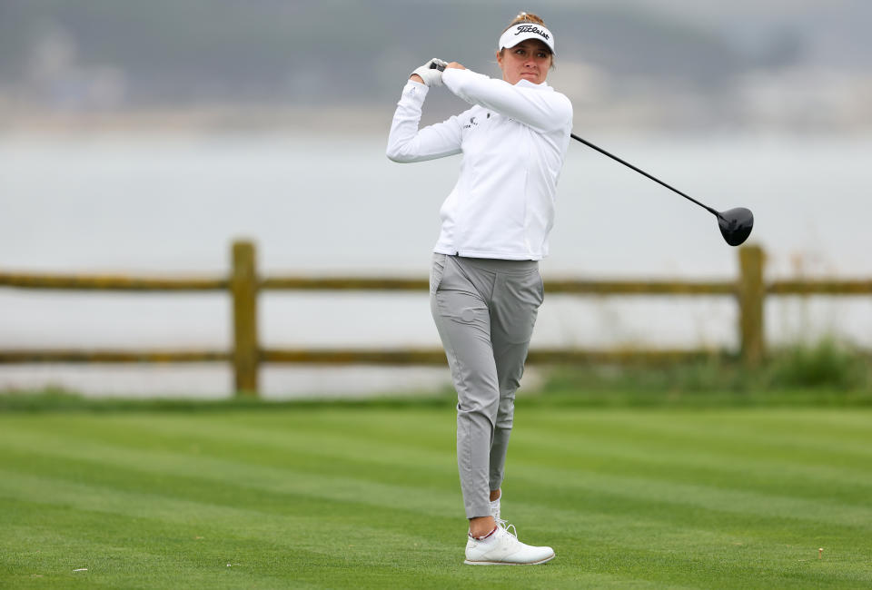 Amateur Anna Davis plays her shot from the 18th tee during the second round of the 78th U.S. Women’s Open at Pebble Beach Golf Links on July 7, 2023 in Pebble Beach, California. (Photo by Ezra Shaw/Getty Images)