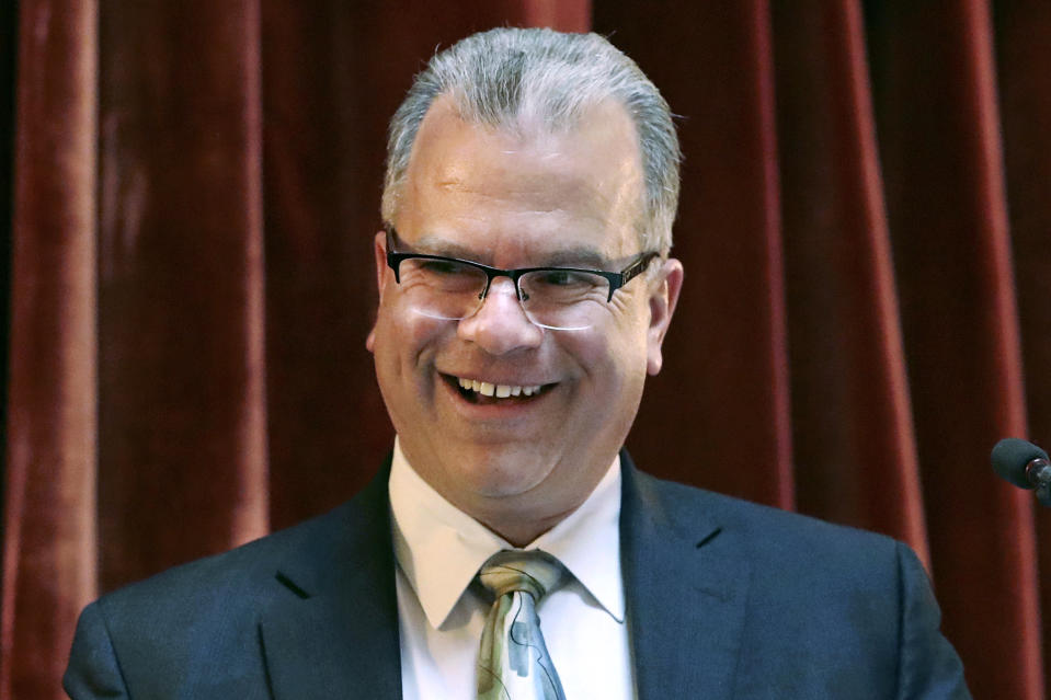 FILE - In this March 12, 2019, file photo, Rhode Island Democrat Speaker of the House Nicholas Mattiello gavels open a late afternoon session of the legislature at the State House in Providence, R.I. Mattiello is seeking for re-election in the state's 15th legislative district in the Nov. 3, 2020, election. (AP Photo/Charles Krupa, File)