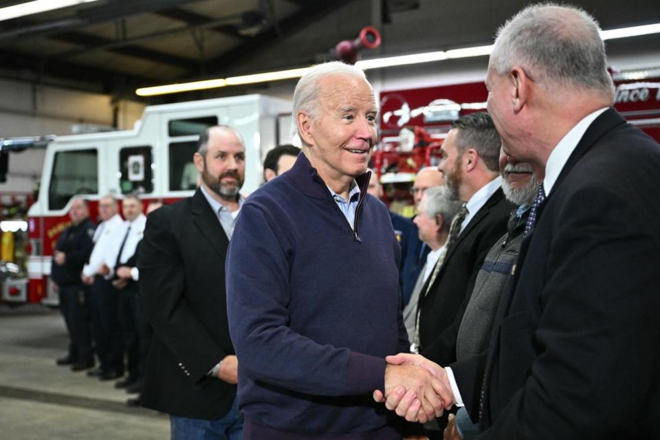PHOTO: President Joe Biden speaks at the Darlington Municipal Complex, in Darlington, Pa., Feb. 16, 2024. (Mandel Ngan/AFP via Getty Images)