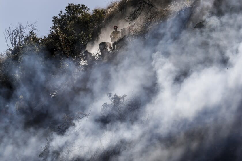 Duarte, CA, Sunday, June 12, 2022 - Dozens of fire crews battle the Opal Fire, Shifting winds and air drops slowed it's progress to 25 acres burned with little containment. (Robert Gauthier/Los Angeles Times)