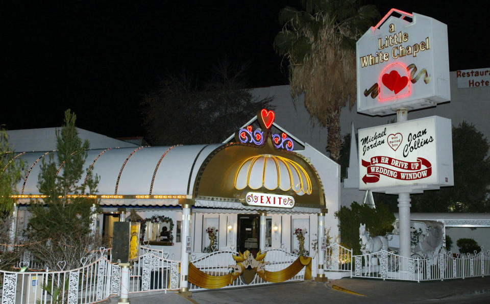 LAS VEGAS - JANUARY 04:  Exterior view of A Little White Chapel where recording artist Britney Spears and childhood friend Jason Allen Alexander were married according to news reports January 04, 2004 in Las Vegas, Nevada. The wedding ceremony was performed early in the morning on January 03, 2004.  (Photo by Frederick M. Brown/Getty Images)