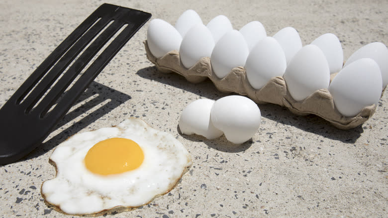 cooked and uncooked eggs on sidewalk