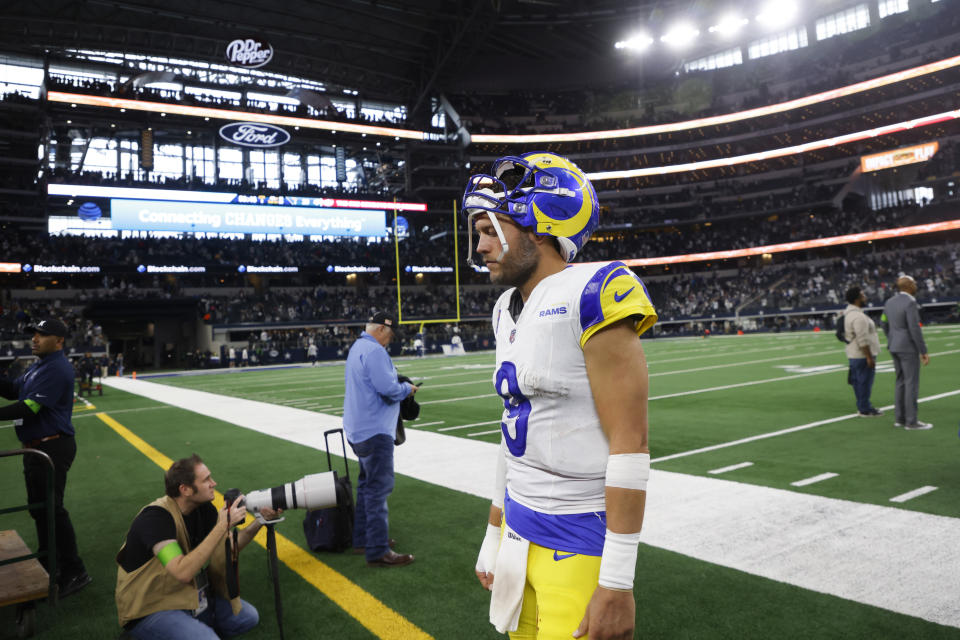 Los Angeles Rams quarterback Matthew Stafford stands on the sideline after an NFL football game against the Dallas Cowboys, Sunday, Oct. 29, 2023, in Arlington, Texas. (AP Photo/Michael Ainsworth)