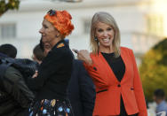 <p>Counselor to the President Kellyanne Conway, right, points out Education Secretary Betsy DeVos’ costume, left, during an event on the South Lawn of the White House in Washington welcoming children from the Washington area and children of military families to trick-or-treat celebrating Halloween, Oct. 30, 2017. (Photo: Pablo Martinez Monsivais/AP) </p>