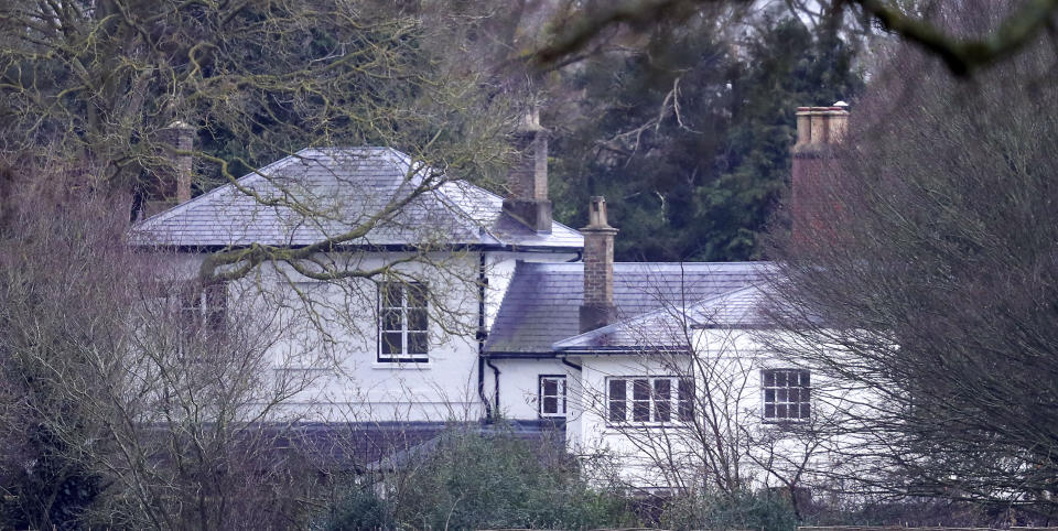 FILE - In this Jan. 4, 2020 file photo, Frogmore Cottage, the home of Prince Harry and Meghan, Duchess of Sussex, on the Home Park Estate, Windsor, England. Buckingham Palace says Prince Harry and his wife, Meghan, will no longer use the titles "royal highness" or receive public funds after a deal was struck for them to step aside as senior royals. The palace says the couple will repay some 2.4 million pounds ($3.1 million) of taxpayers' money that was spent renovating their home near Windsor Castle. (Steve Parsons/PA via AP, file)