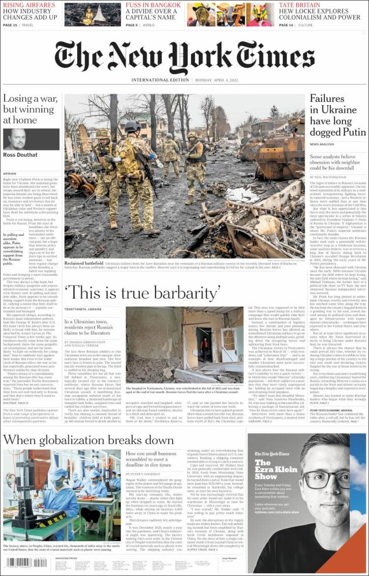 <p><strong>"Decenas de cuerpos en un suburbio de Kiev"</strong></p> <p>El principal periódico estadounidense muestra varios cadáveres en su portada y señala que Ucrania acusa a Rusia de crímenes de guerra.</p> <p>(Foto: <a href="https://www.nytimes.com/" rel="nofollow noopener" target="_blank" data-ylk="slk:The New York Times" class="link ">The New York Times</a>)</p> 