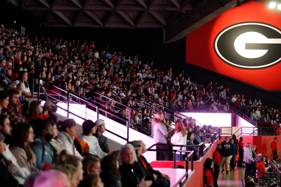 FILE - Fans filled up Stegeman Coliseum during an NCAA gymnastics meet in Athens, Ga., on Friday, Jan. 28, 2022. Stegeman Coliseum was closed until further notice after a small piece of the ceiling fell on Wednesday, March 1, 2023.