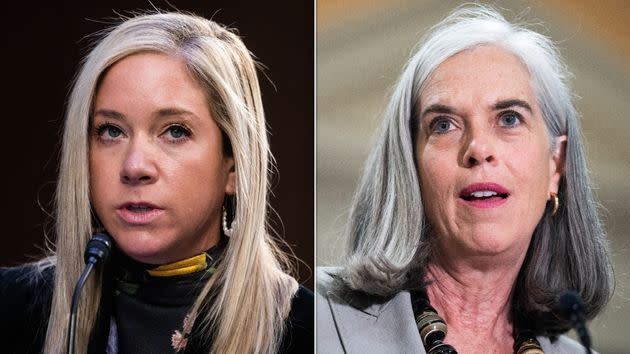 Amanda Zurawski (left) of Austin, Texas, and Democratic House Minority Whip Katherine Clark.