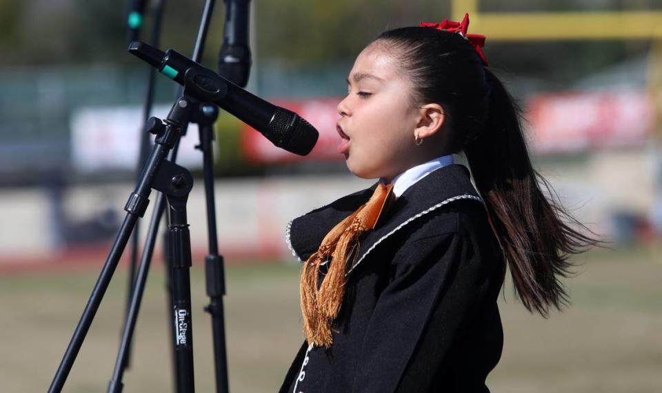 Karime Adilene Nieto, 5, with Ilusión de Watsonville performs ‘Cielito Lindo’ during the High School Mariachi Festival on March 25, 2023 at Ratcliffe Stadium.