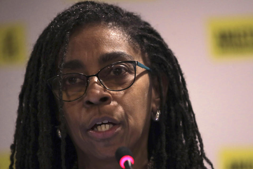 International Amnesty's Brazil Executive Director Jurema Werneck, speaks during a press conference in Brasilia, Brazil, Tuesday, May 21, 2019. Amnesty International is launching a campaign called "Brazil for Everyone" to present their criticisms of Jair Bolsonaro's "anti-human rights" agenda. (AP Photo/Eraldo Peres)