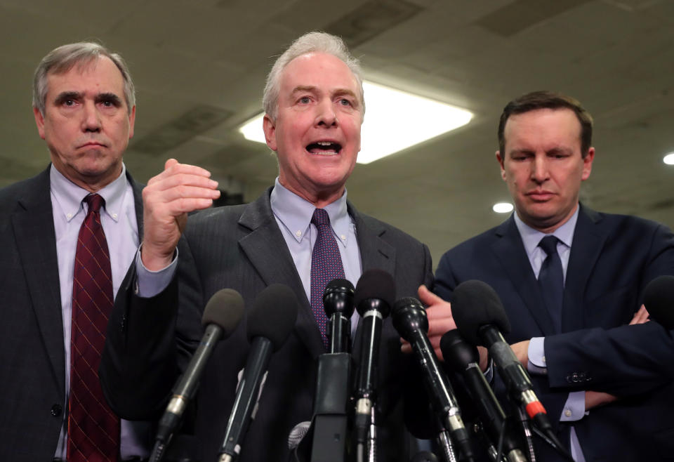 WASHINGTON, DC - JANUARY 08: Sen. Chris Van Hollen (D-MD) (C), speaks while flanked by Sen. Jeff Merkley (D-OR) (L), and Sen. Christopher Murphy (D-CT) (R),  after attending a briefing with administration officials about the situation with Iran, at the U.S. Capitol on January 8, 2020 in Washington, DC. Members of the House and the Senate were briefed by Secretary of State Mike Pompeo, Secretary of Defense Mark Esper, Chair of the Joint Chiefs of Staff Mark Milley, CIA Director Gina Haspel and Acting Director of National Intelligence Joseph Maguire. In response to the U.S. killing of Iranian General Qasem Soleimani, Iranian forces launched more than a dozen ballistic missiles against two military bases in Iraq early Wednesday local time.  (Photo by Mark Wilson/Getty Images)