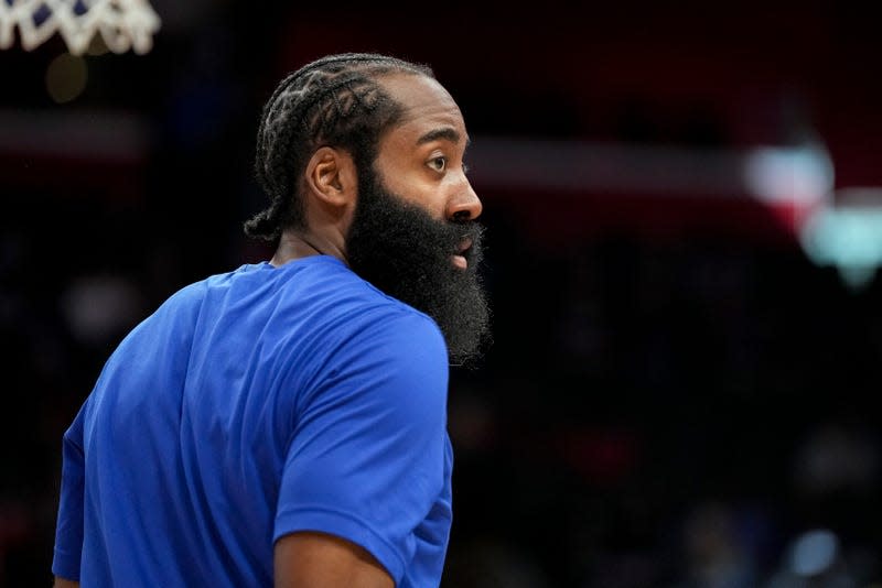 DETROIT, MICHIGAN - JANUARY 08: James Harden #1 of the Philadelphia 76ers looks on against the Detroit Pistons at Little Caesars Arena on January 08, 2023 in Detroit, Michigan.