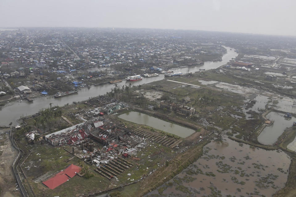 This photo provided by Myanmar Military True News Information Team on Monday, May 15, 2023, shows an aerial view of damage buildings after Cyclone Mocha in Sittwe township, Rakhine State, Myanmar. Myanmar’s military information office said the storm had damaged houses and electrical transformers in Sittwe, Kyaukpyu, and Gwa townships. (Military True News Information Team via AP)