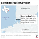 A barge collided with a bridge Wednesday in Galveston, Texas, causing an oil spill and damaging the only land connection between Galveston and Pelican Island. (AP Digital Embed)