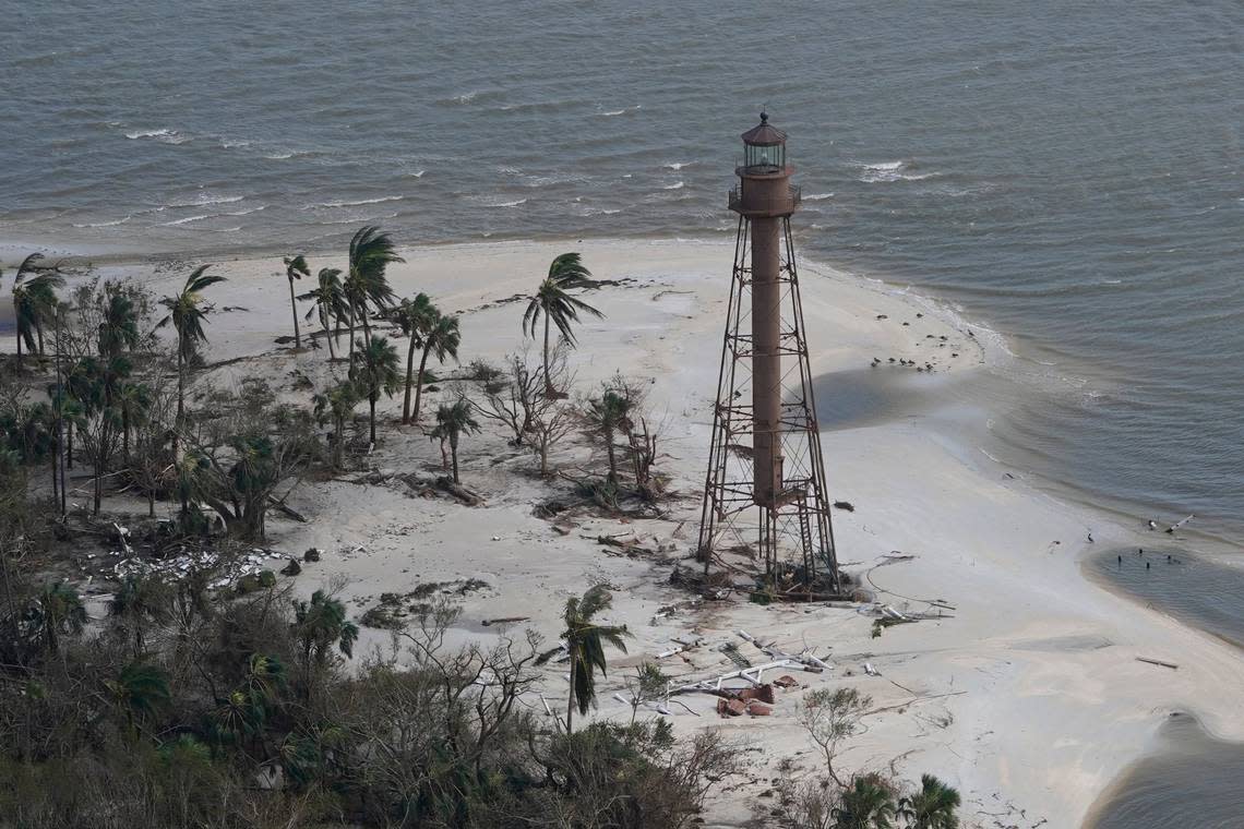 Sanibel Island’s lighthouse is seen after Hurricane Ian, Thursday, Sept. 29, 2022. (AP Photo/Wilfredo Lee)