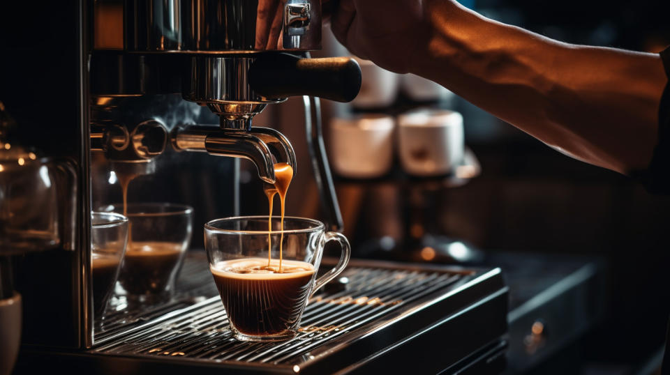 A barista pouring a freshly brewed cup of coffee from a high-end espresso machine.