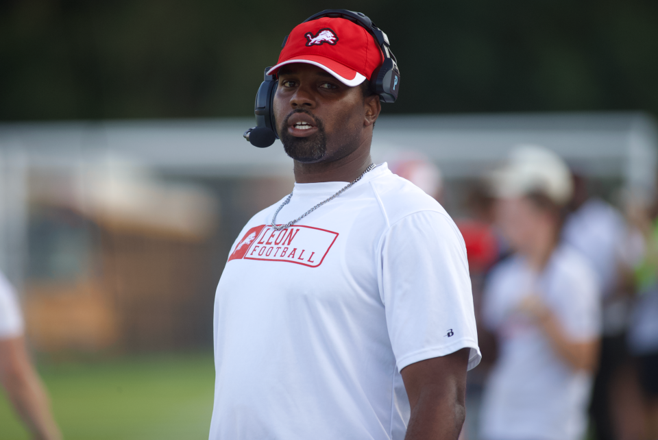 Leon head coach Tyrone McGriff looks on before the Lions game against Mosley on Sep. 14, 2023, at Gene Cox Stadium. Leon won, 26-23.