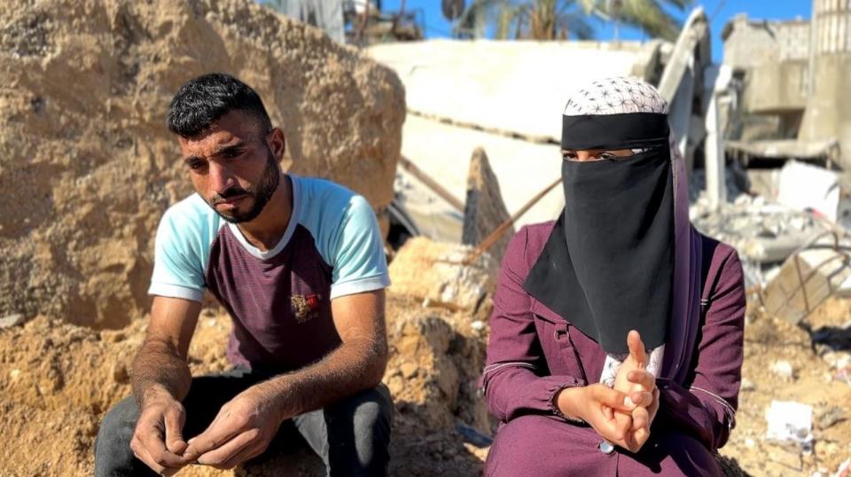 PHOTO: Heba Abu Taima, right, and her fiance, Saif Abu Taima, had planned to marry on Oct. 8. The couple returned to their home in Bani Suheila in southern Gaza on Nov. 29, 2023, to find it bombed during the Israeli campaign. (ABC News)
