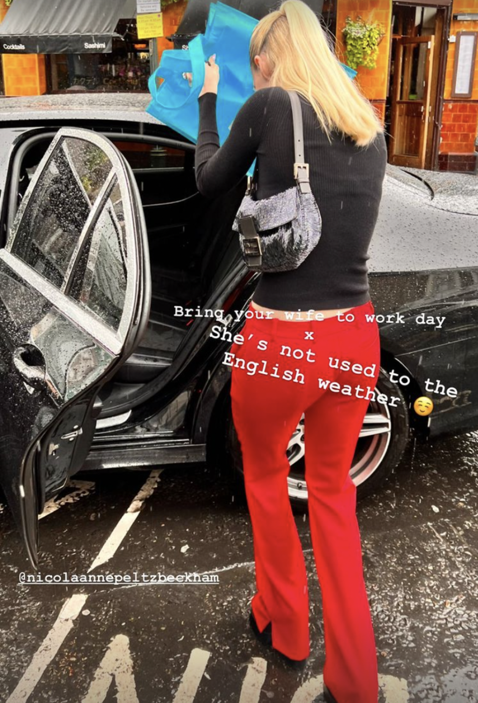 Nicola jumped into a car as the rain started (Brooklyn Beckham / Instagram)