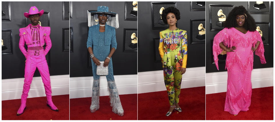 This combination of photos shows fashion worn by Lil Nas X, from left, Billy Porter, Esperanza Spalding and Yola at the 62nd annual Grammy Awards at the Staples Center on Sunday, Jan. 26, 2020, in Los Angeles. (Photos by Jordan Strauss/Invision/AP)