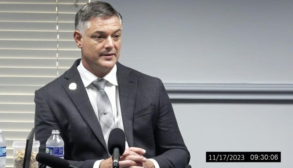 This photo, taken from a video, shows Brevard School Board Member Matt Susin answering questions during a deposition in a case involving himself and School Board member Jennifer Jenkins.