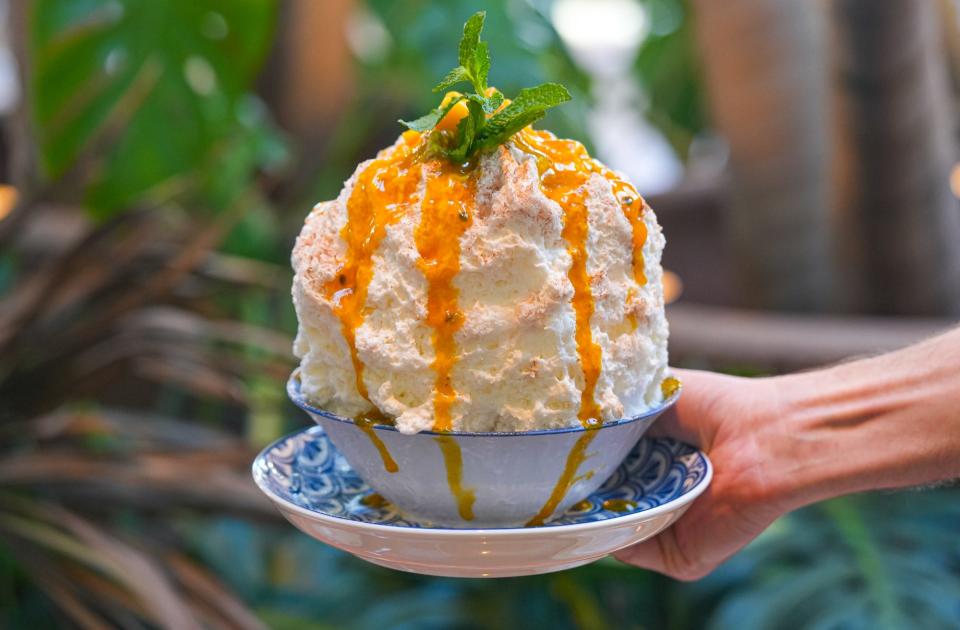 A hand holds out a bowl of shaved ice with an orange sauce drizzled on top and a leaf garnish.